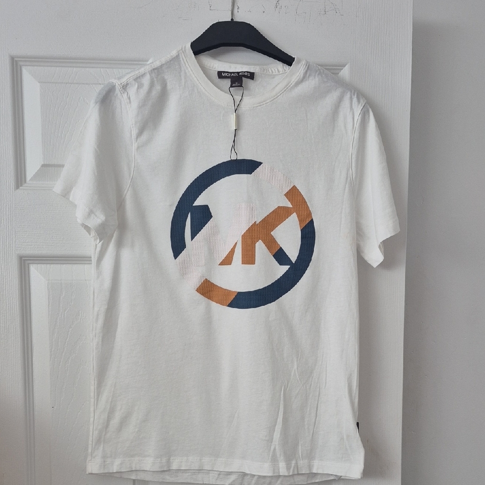 Michael Kors White Tee with Navy and Tan Logo